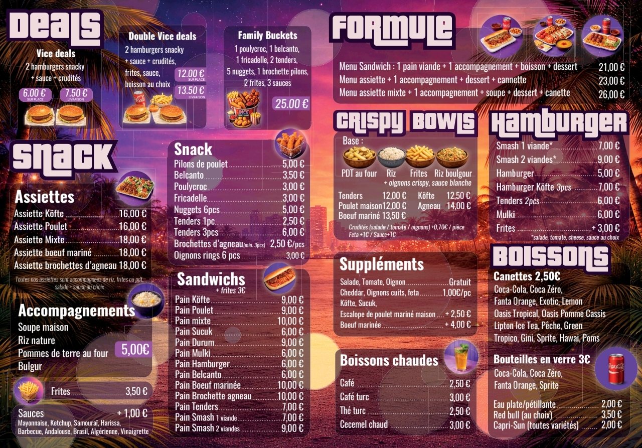 Menu Vice City Lounge — La carte
