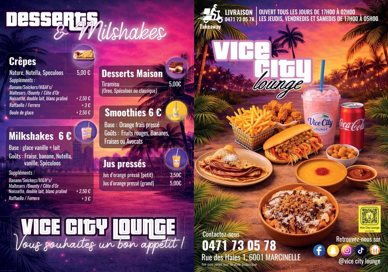 Menu Vice City Lounge — Desserts & boissons