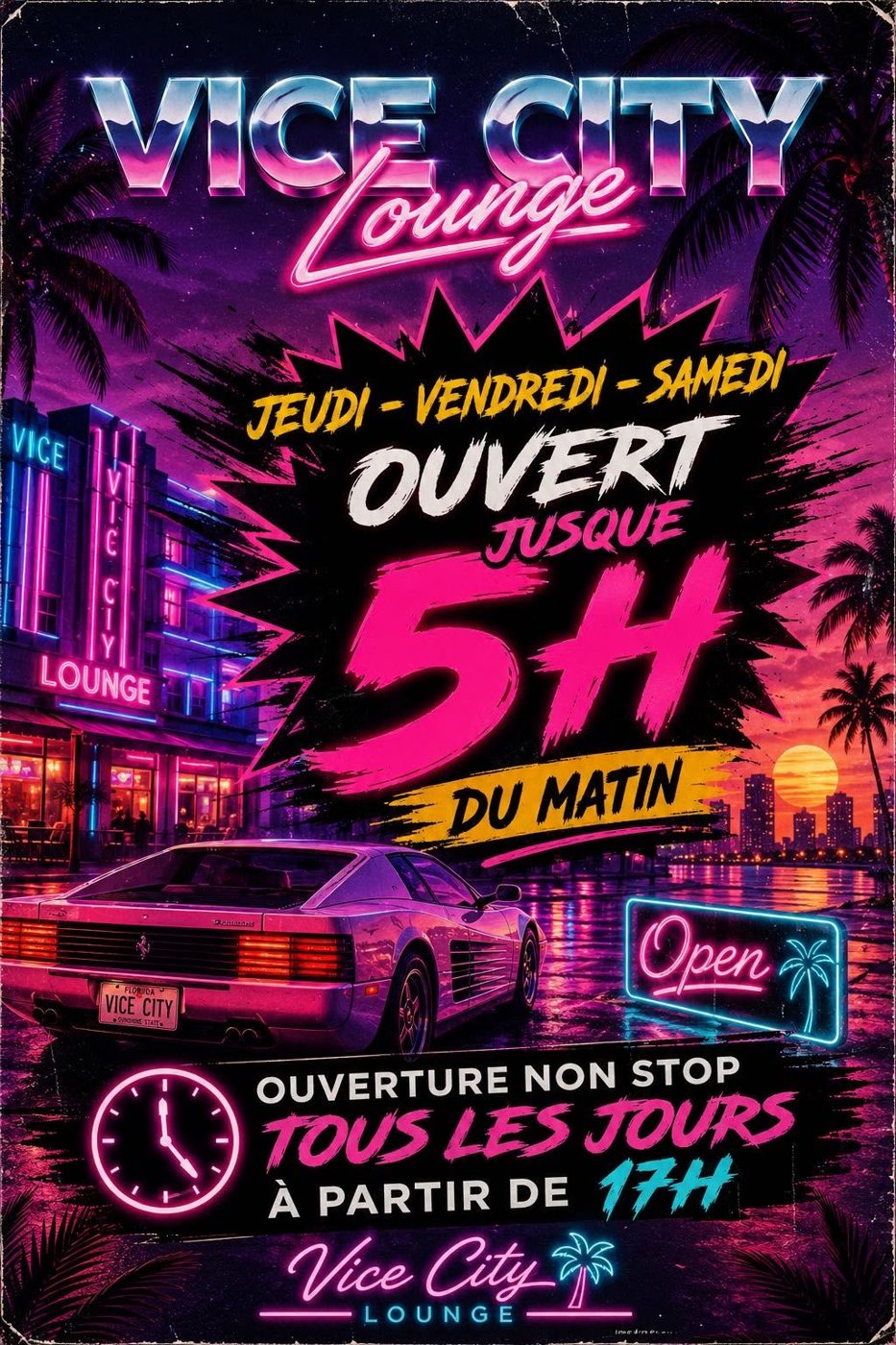 Menu Vice City Lounge — Horaires