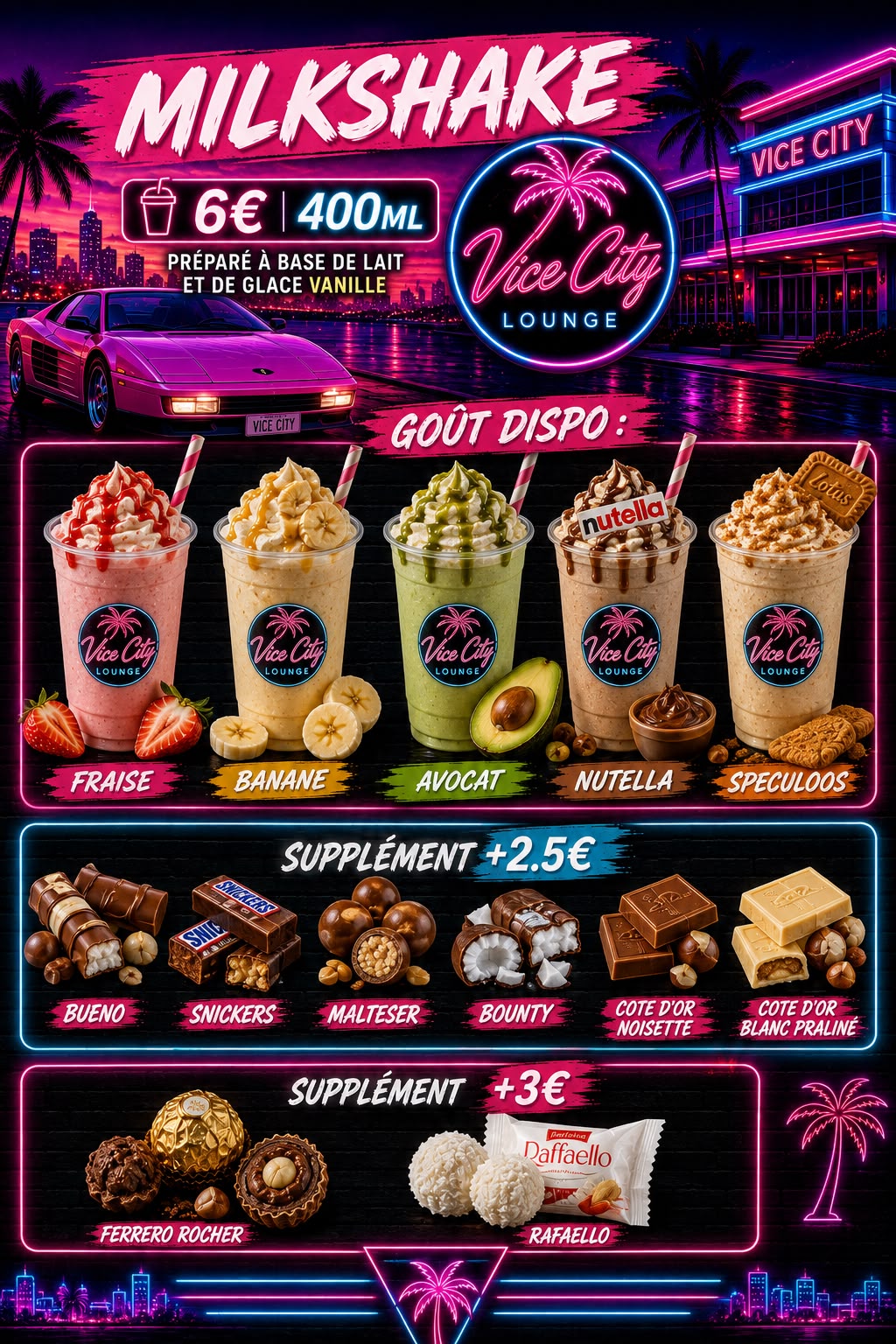 Menu Vice City Lounge — Milkshakes